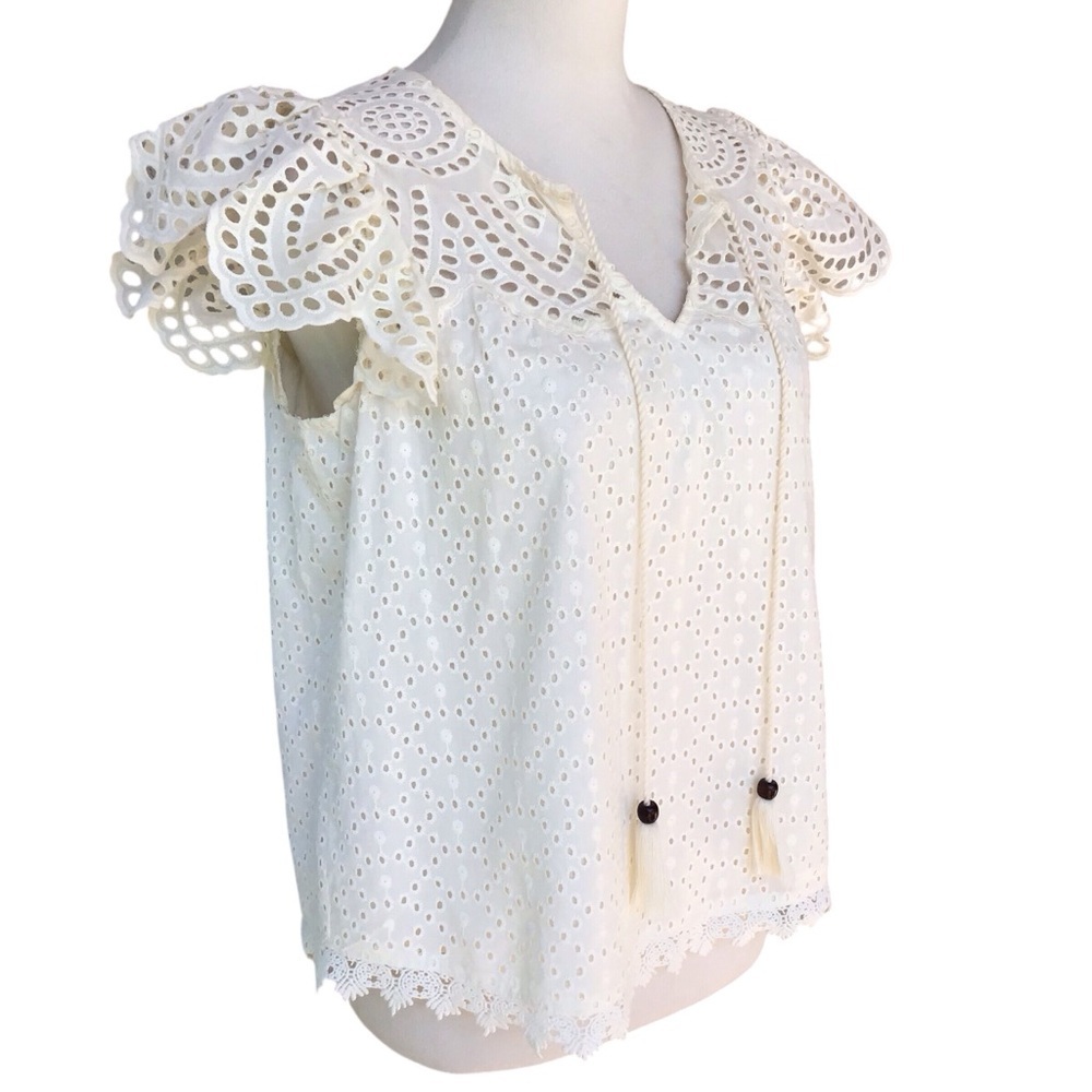 Jennifer & Grace Eyelet Crochet Trim Ruffle Sleeve Blouse in Cream - Picture 3 of 10
